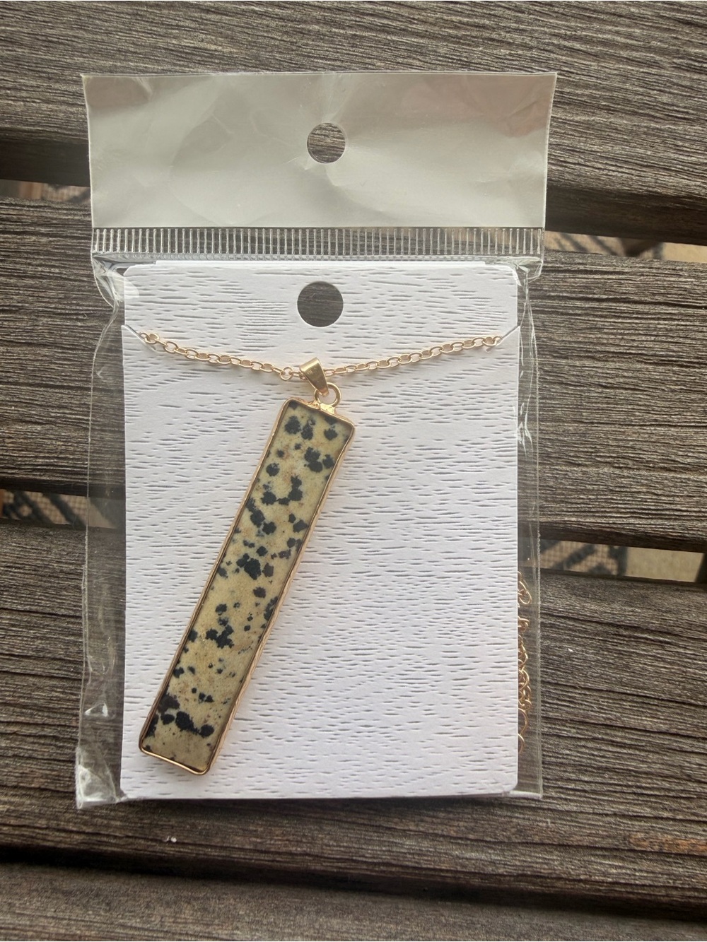 Gold Dalmatian Jasper Bar Pendant Necklace